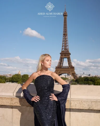 Under the Parisian night sky, elegance shimmers in deep sapphire. Ahed Muhareb’s