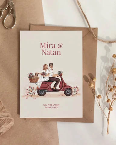 CUSTOM DESIGN ✨ Toot toot, there they go! 🛵💐🐶 I designed this wedding card wi