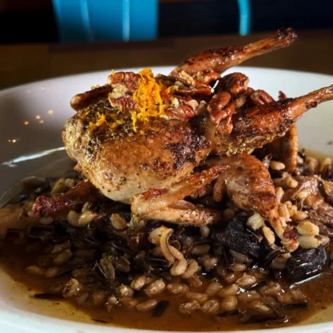 Roasted quail NEW on our spring menu with wild rice and brown butter pecans! Del
