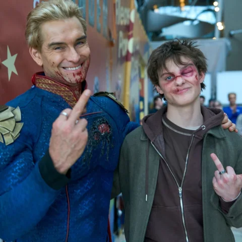 A fun father-son outing at Planet Homelander. The red on their faces is just ket