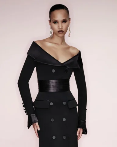 Menswear tailoring becomes the collection’s feminine emblem: precise shoulders, 