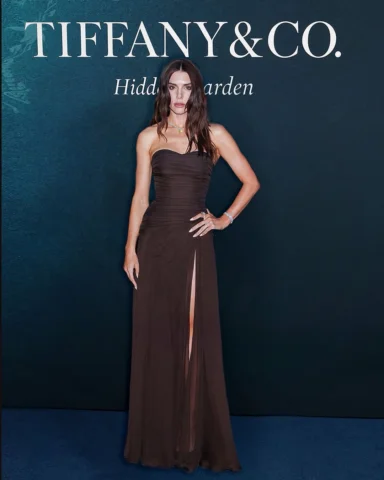 @valentinaferrer wears a chocolate brown chiffon dress featuring a softly draped