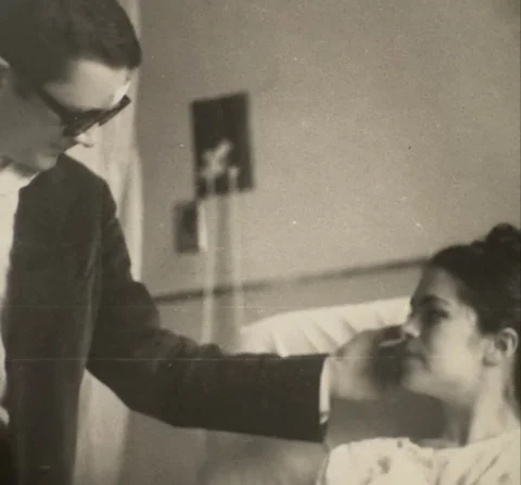 My mom in the hospital right after having me. Today she would be 85. Happy heave