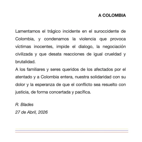 A COLOMBIA

Lamentamos el trágico incidente en el suroccidente de Colombia, y co