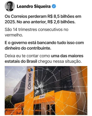 Os Correios perderam R$ 8,5 bilhões em 2025. No ano anterior, foram R$ 2,6 bilhõ