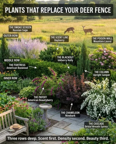 A deer fence works until it doesn’t. A three-row shrub border works because the 