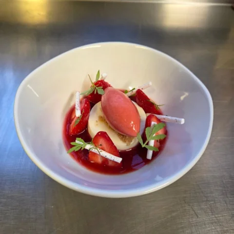 Gariguette Strawberry, Buttermilk, Long Pepper and Marigold. Fresh, fragrant and