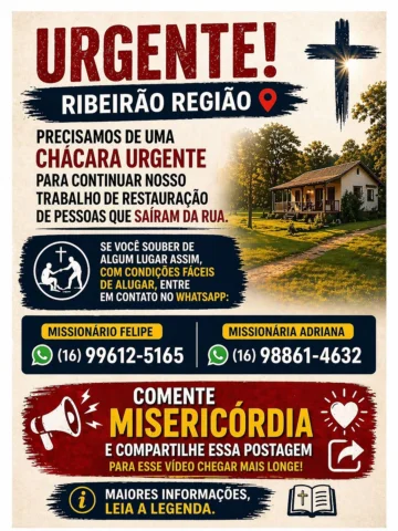 🚨 URGENTE 🚨 

Precisamos de uma chácara urgente em Ribeirão Preto e região. 

