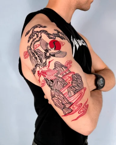 This piece features a natural landscape composed of pine trees, two cranes, moun
