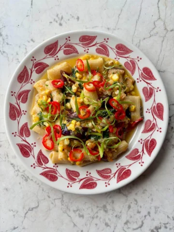 New pasta! Rigatoni with sweet corn, eggplant, chili, scallion, basil