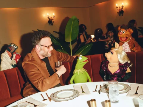 A quick catch-up between friends. The Muppets and Seth Rogen celebrate the retur
