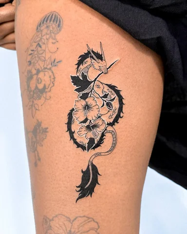 This design combines Haku dragon and Mugunghwa flowers in an all-black compositi