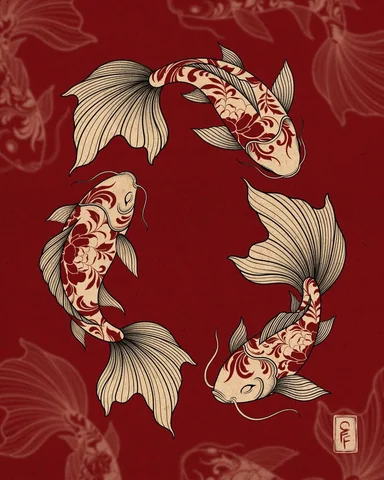 A design featuring three fish swimming in a circular flow.
Floral patterns were 