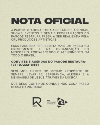 📢 NOTA OFICIAL 📢 @crlproducoes 

Com muita gratidão a Deus, anunciamos um novo