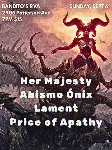 Heavy night at Banditos, Sept 6! with Her Majesty, Abismo Ónix, Lament, & Price 