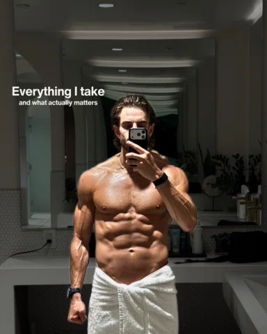 Ten things. Three that I take no matter what: creatine, protein, vitamin D. A mu