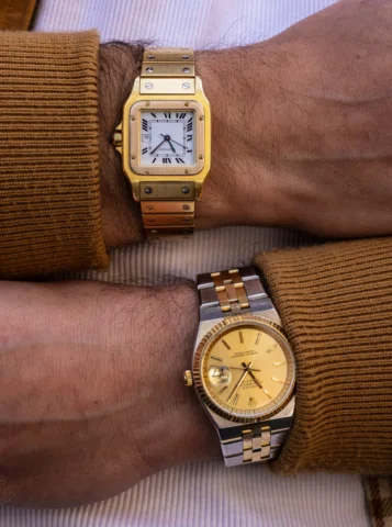 La Cartier Santos deux ors et la Rolex Datejust vintage composent ici un dialogu