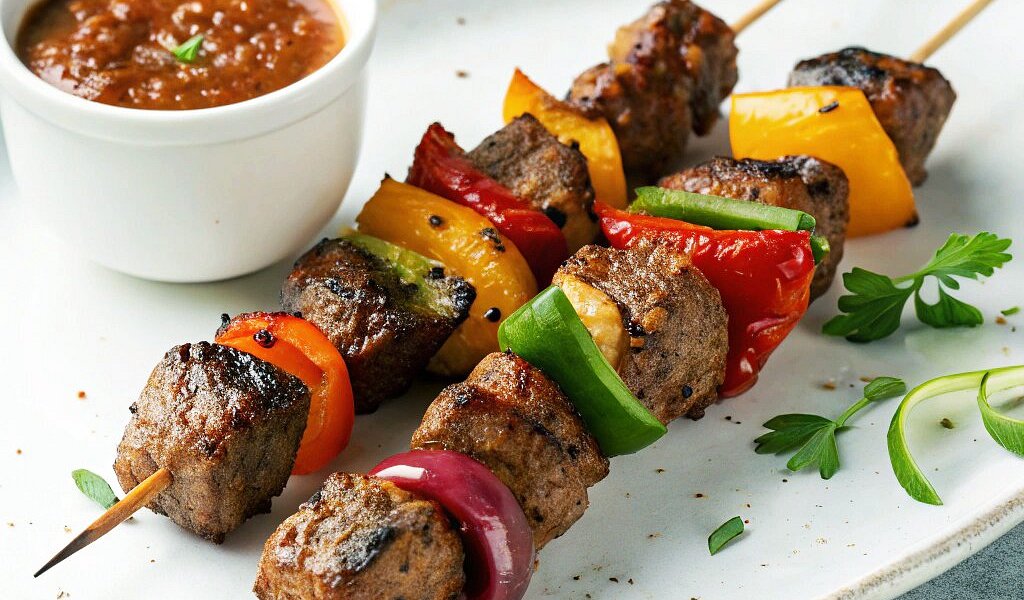 Grilled Lamb Skewers Grilled lamb skewers with bell peppers and chili sauce – Le Too Munch Kuta Lombok