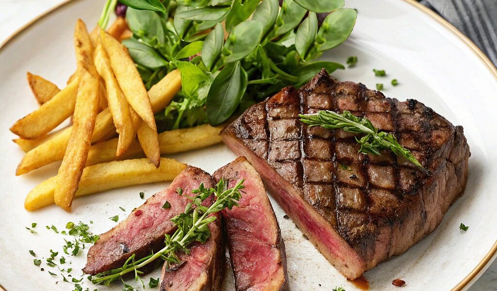 Grilled Beef Steak Grilled beef steak with french fries and fresh salad – Le Too Munch Kuta Lombok