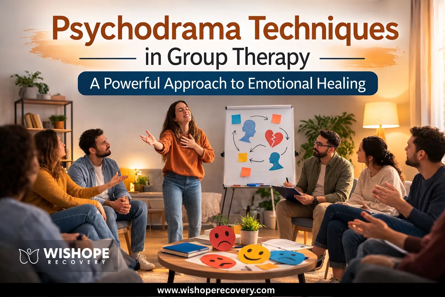 Psychodrama techniques in group therapy session where therapist use role-play for emotional healing