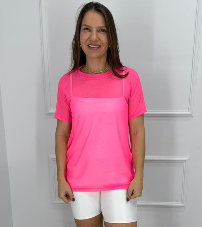 Camisetao de tule rosa neon p/m