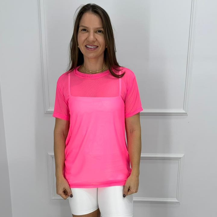 Camisetao de tule - rosa neon - p/m