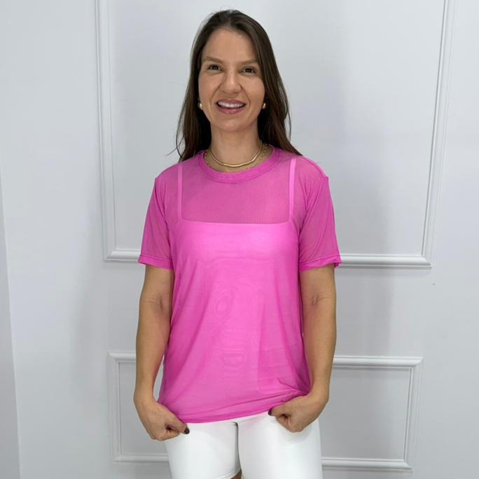 Camisetao de tule - rosa chiclete - p/m