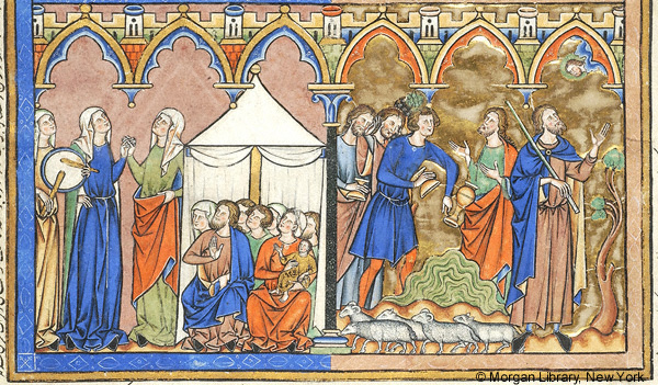 Depiction of an Israelite woman (Miriam?) beating drum; Morgan Library Ms. 638, f. 9r