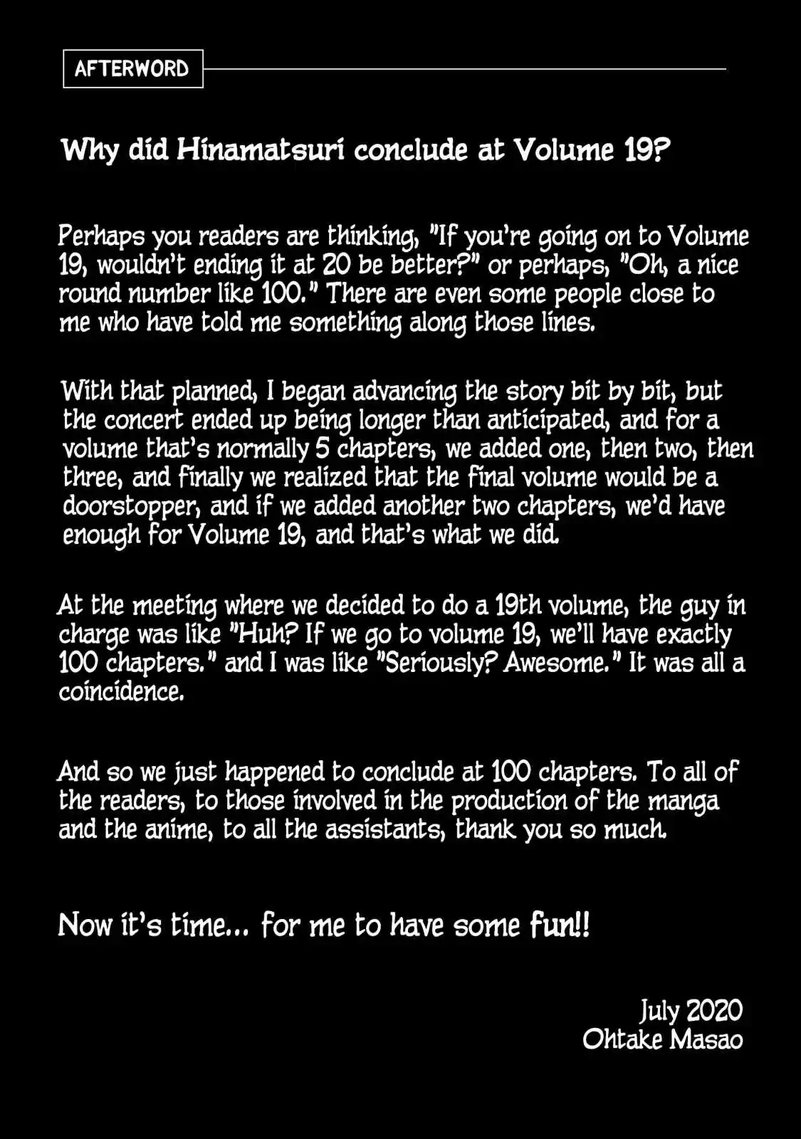 Hinamatsuri Vol. 19 Ch. 100.5 Volume 19's EXTRA & Final words