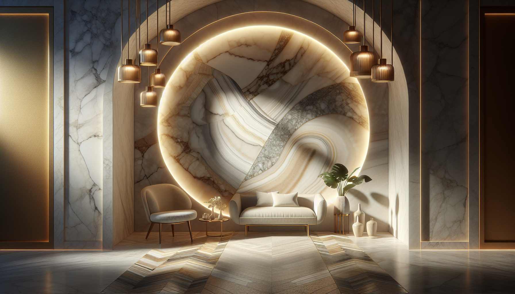Ambiente moderno com revestimento em mármore e iluminação suave, ideal para inspirar orçamentos de marmoraria.