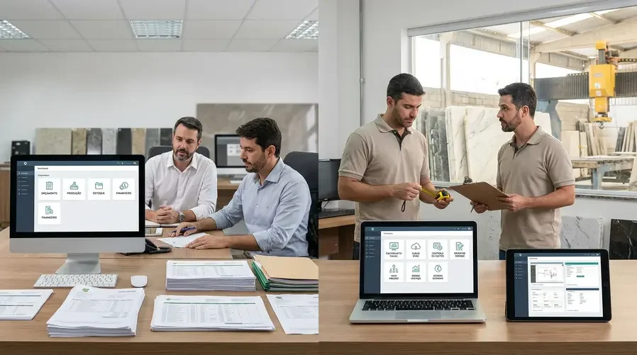 Uma comparação visual de tela dividida mostrando, de um lado, um painel de software com módulos de orçamento, produção, estoque e financeiro integrados; e, do outro, um fluxo simplificado com ícones de CAD/projeto visual, nuvem, controle de custos e ordem de serviço, destacando na prática a diferença entre um sistema básico e um SaaS vertical para marmorarias.
