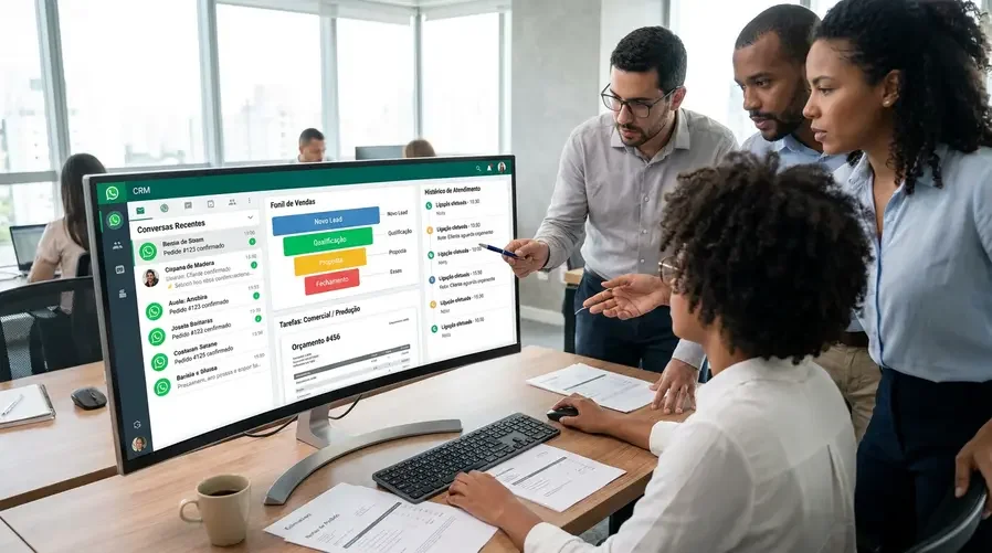 Uma tela de CRM integrada ao WhatsApp mostrando três áreas ao mesmo tempo: lista de conversas com clientes, status do lead no pipeline e histórico resumido do atendimento, com um orçamento aberto e tarefas atribuídas para comercial e produção.