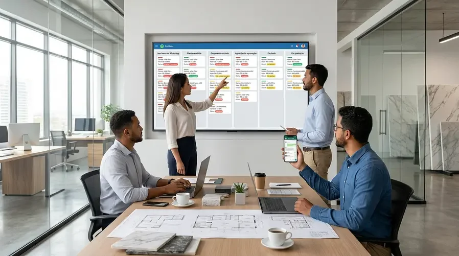 Uma imagem de painel com um pipeline de vendas de marmoraria em formato de colunas, mostrando etapas concretas como ‘Lead novo no WhatsApp’, ‘Planta recebida’, ‘Orçamento enviado’, ‘Aguardando aprovação’, ‘Fechado’ e ‘Em produção’, com cartões de pedidos contendo nome do cliente, valor estimado e status em cores diferentes.