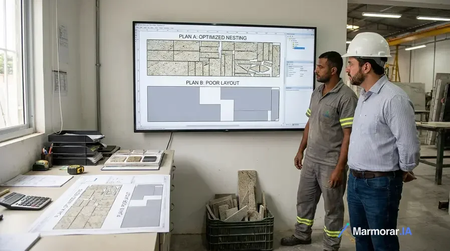 Uma tela de plano de corte de marmoraria com uma chapa de pedra dividida em peças retangulares e irregulares, mostrando claramente as sobras aproveitáveis e as áreas perdidas em cinza. A imagem deve destacar visualmente a diferença entre um layout otimizado e um layout com muitos vazios, para ilustrar o impacto do planejamento no aproveitamento do material.