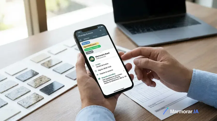 Uma captura de tela estilizada de um WhatsApp Business de marmoraria com etiquetas visíveis como 'Novo lead', 'Aguardando planta', 'Orçamento enviado' e 'Fechado', além de uma mensagem automática de fora do horário e o horário de atendimento no perfil comercial.