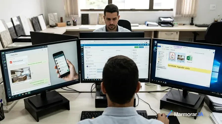 Uma captura de tela de um fluxo real de marmoraria com três blocos visíveis: à esquerda, a conversa no WhatsApp recebendo um PDF de planta e uma foto da cozinha; no centro, o registro automático do lead com status, origem e histórico; à direita, a pasta do projeto com arquivos organizados e um aviso de tarefa de follow-up. A imagem deve evidenciar a perda de tempo causada por informações espalhadas e como a centralização acelera o orçamento.