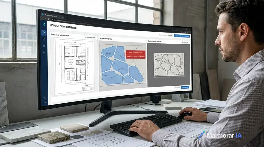 Uma tela do sistema mostrando o envio de um PDF de planta ou foto pelo módulo de Orçamentos, com a IA destacando as peças extraídas, medidas identificadas, cálculo de área e uma prévia visual do plano de corte encaixado na chapa, evidenciando a redução de desperdício e a geração automática do orçamento.