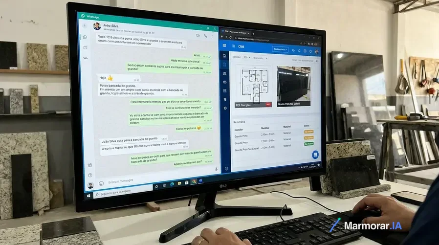 Uma tela de trabalho de uma marmoraria mostrando o histórico completo do lead à esquerda no chat do WhatsApp, e à direita os arquivos do projeto já anexados: uma planta em PDF, uma foto da pedra e uma lista resumida com medidas, material e status do lead. A imagem deve evidenciar que, antes do orçamento, a equipe já enxerga conversa, arquivos e contexto em um único sistema.