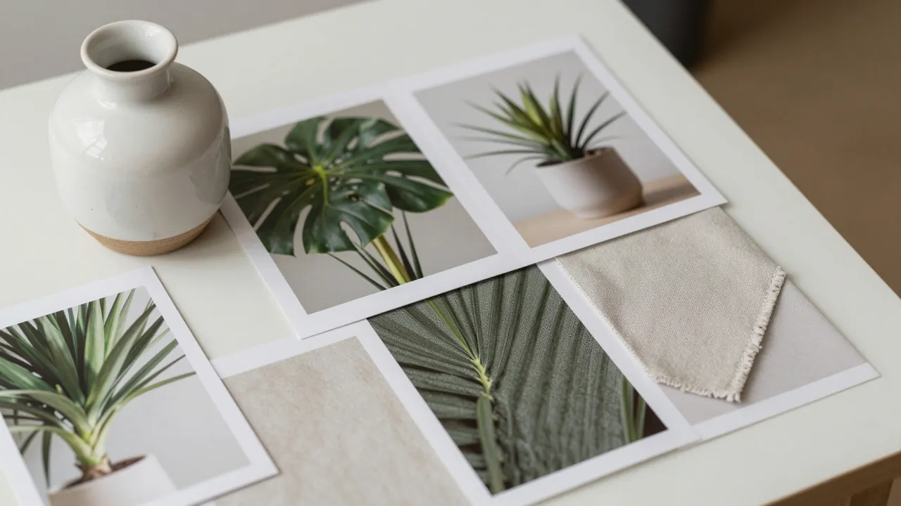 Reference photos of a ceramic vase with plants and fabric samples