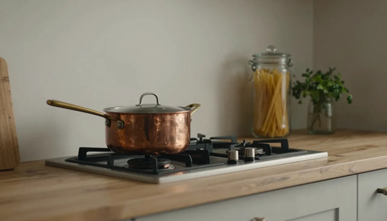 Cosy kitchen in soft daylight with a wooden counter, copper pot and fresh herbs