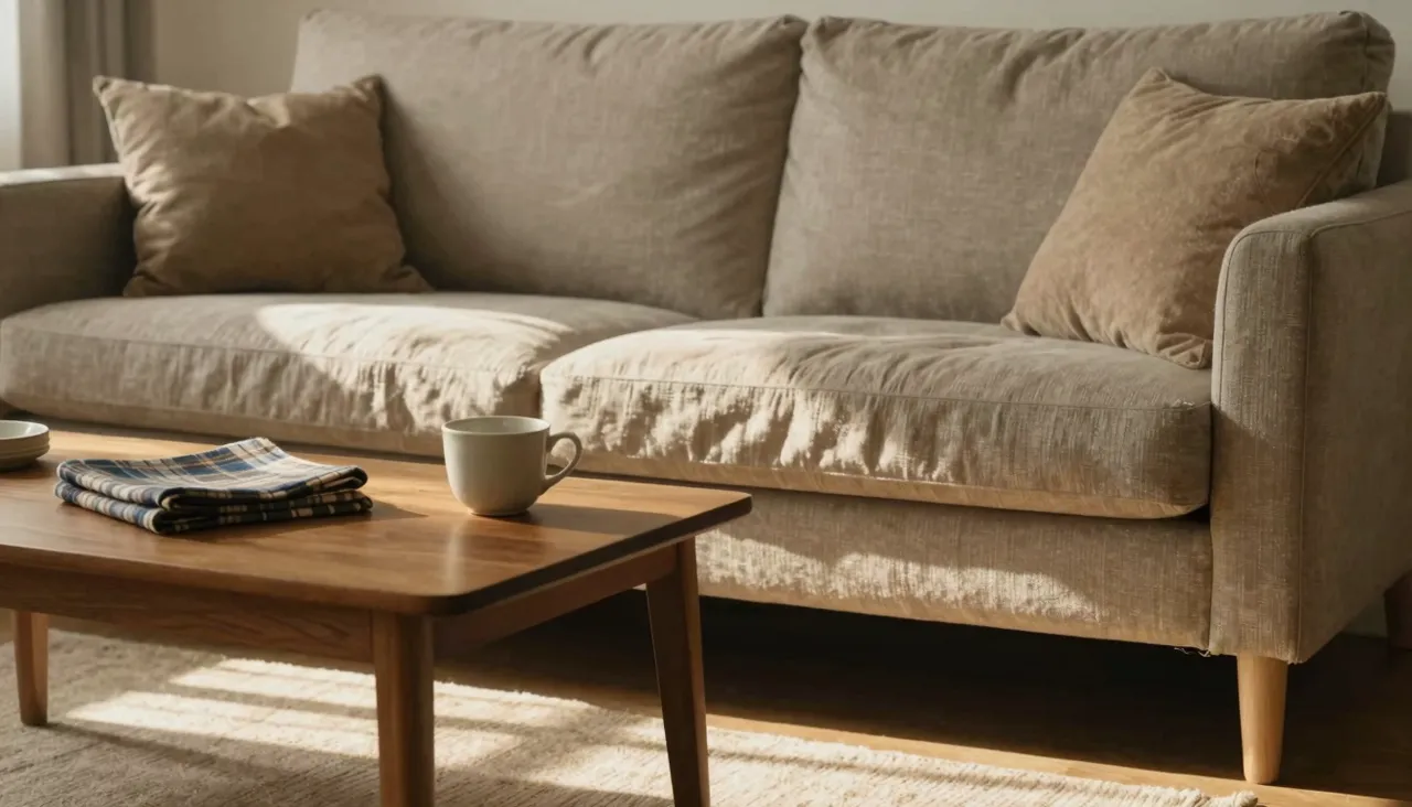 Living room in warm afternoon light with a linen sofa, a cup and a folded plaid