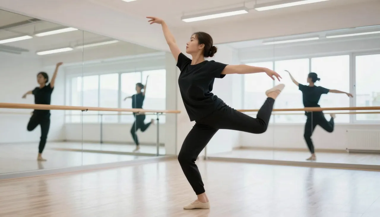 Dancer mid-motion in a bright mirrored studio with motion blur trails