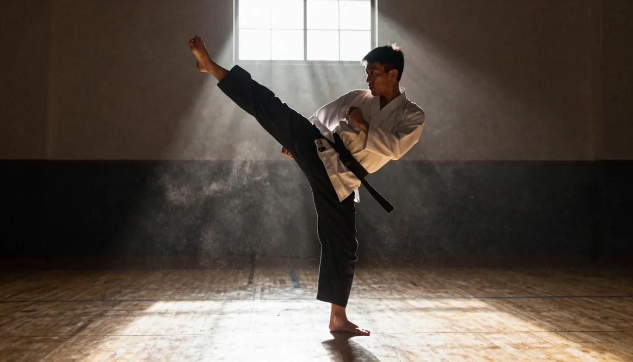 Martial artist frozen mid-kick in a sunlit dojo with floating dust