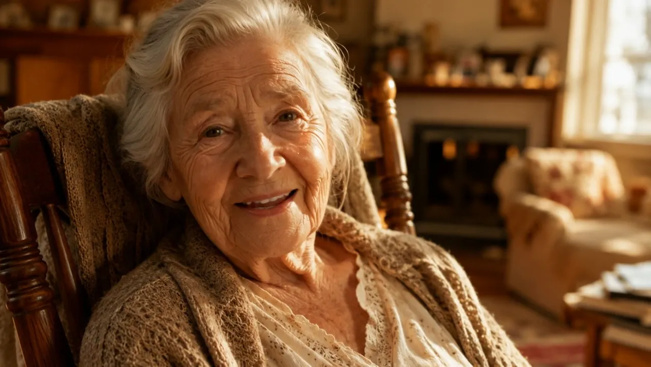 Video frame: an elderly woman speaking softly with a reassuring nod