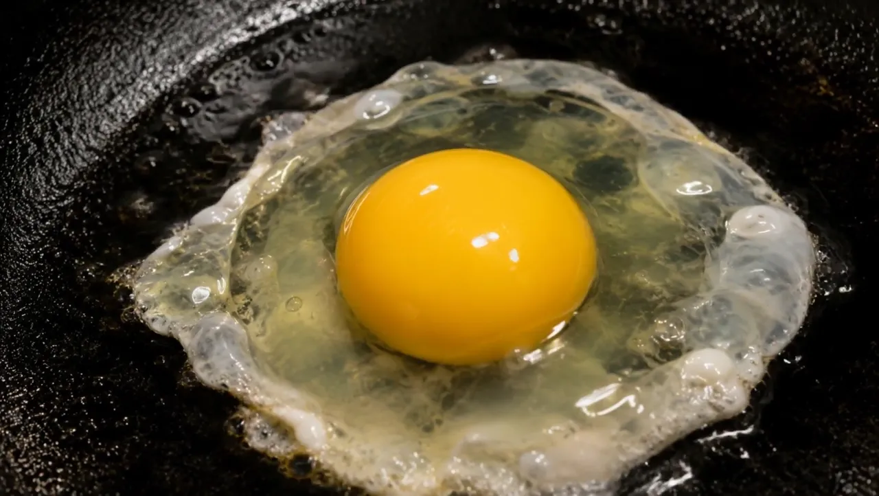 Video frame: an egg frying in bubbling oil, commercial food style