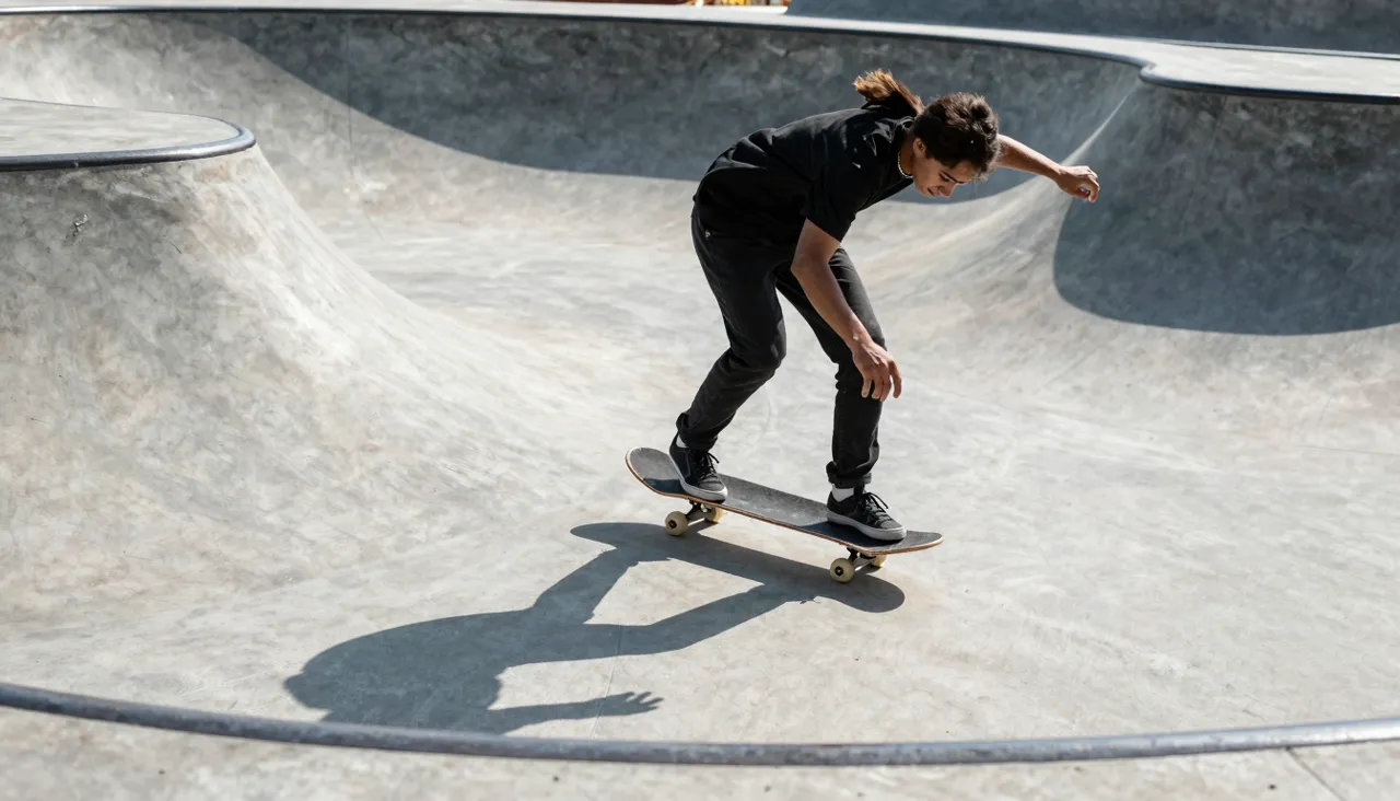 Skateboarder captured mid-trick in a sunlit concrete park with long shadows