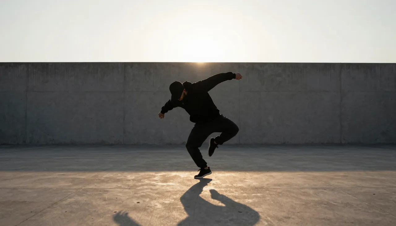 Street dancer frozen mid-move on an empty concrete plaza at sunset