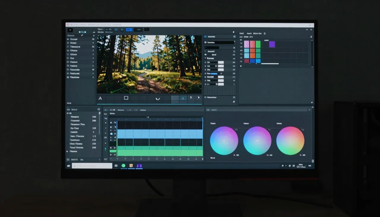 Editing workstation in a dark room with colour wheels and graded footage