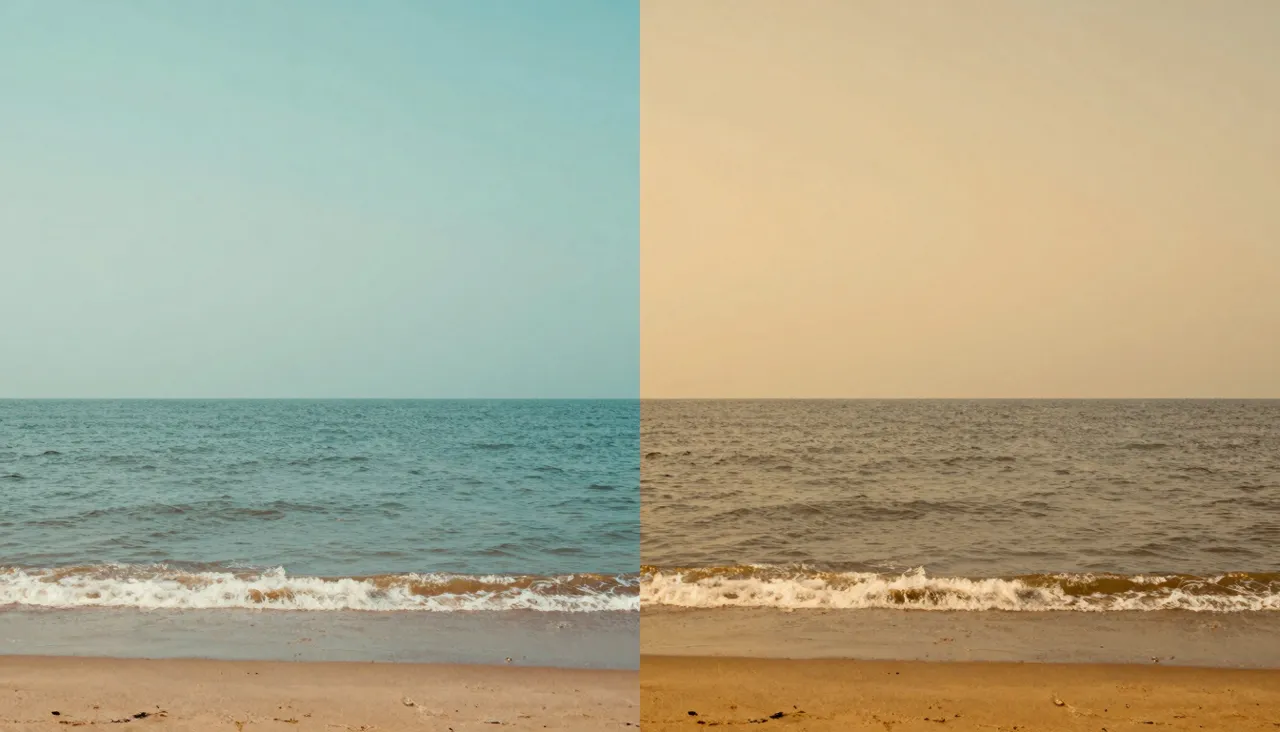 Same seaside scene split between cool teal and warm amber grades
