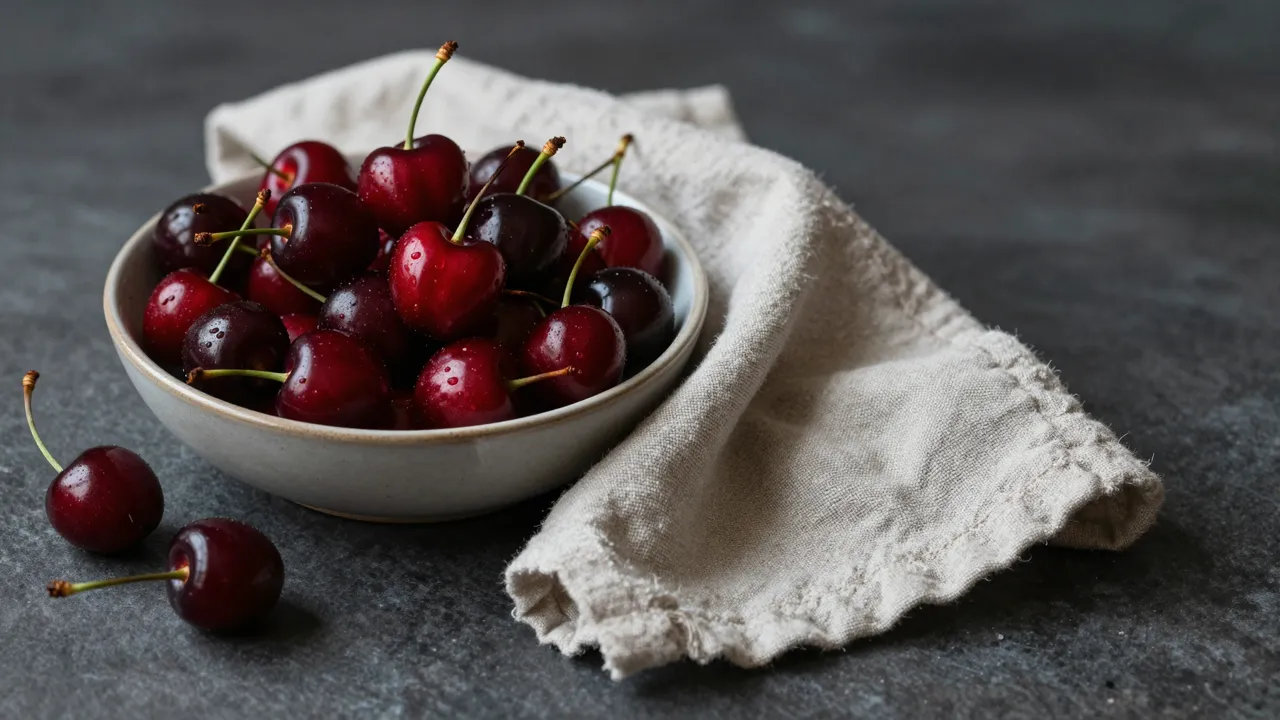 Still life of ripe cherries in a bowl and a linen napkin on dark stone